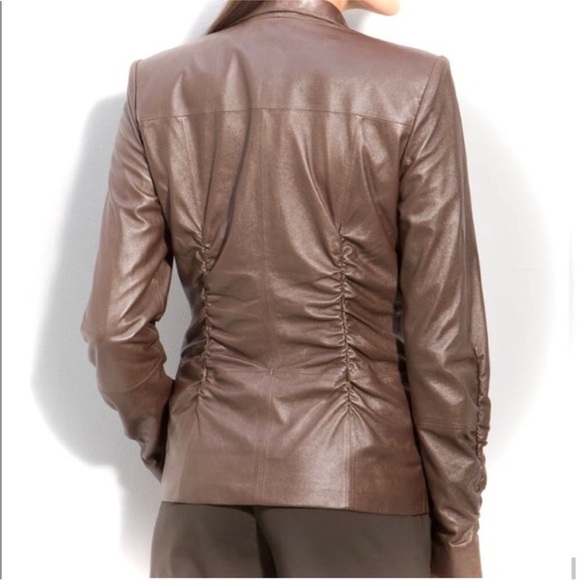 Lafayette 148 Brown Ruched Leather Blazer Jacket - Picture 2 of 6